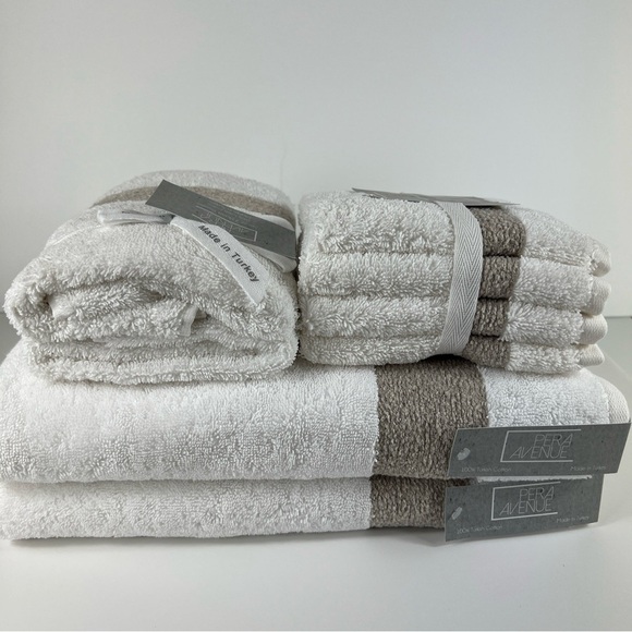 Pera Avenue Luxe Bath Towel Set 100% Turkish Cotton Cream & Tan 8 Piece Set - Picture 1 of 9